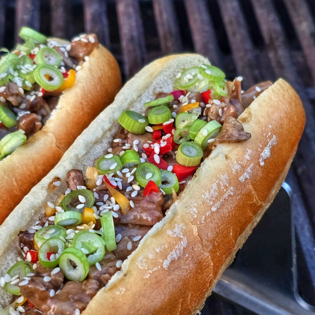 Asian pulled duck hot dog